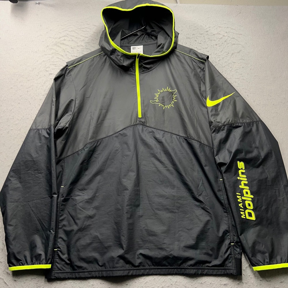 Nike Miami Dolphins NFL 1/4 Zip Windbreaker Jacket Grey Neon Green Mens Small